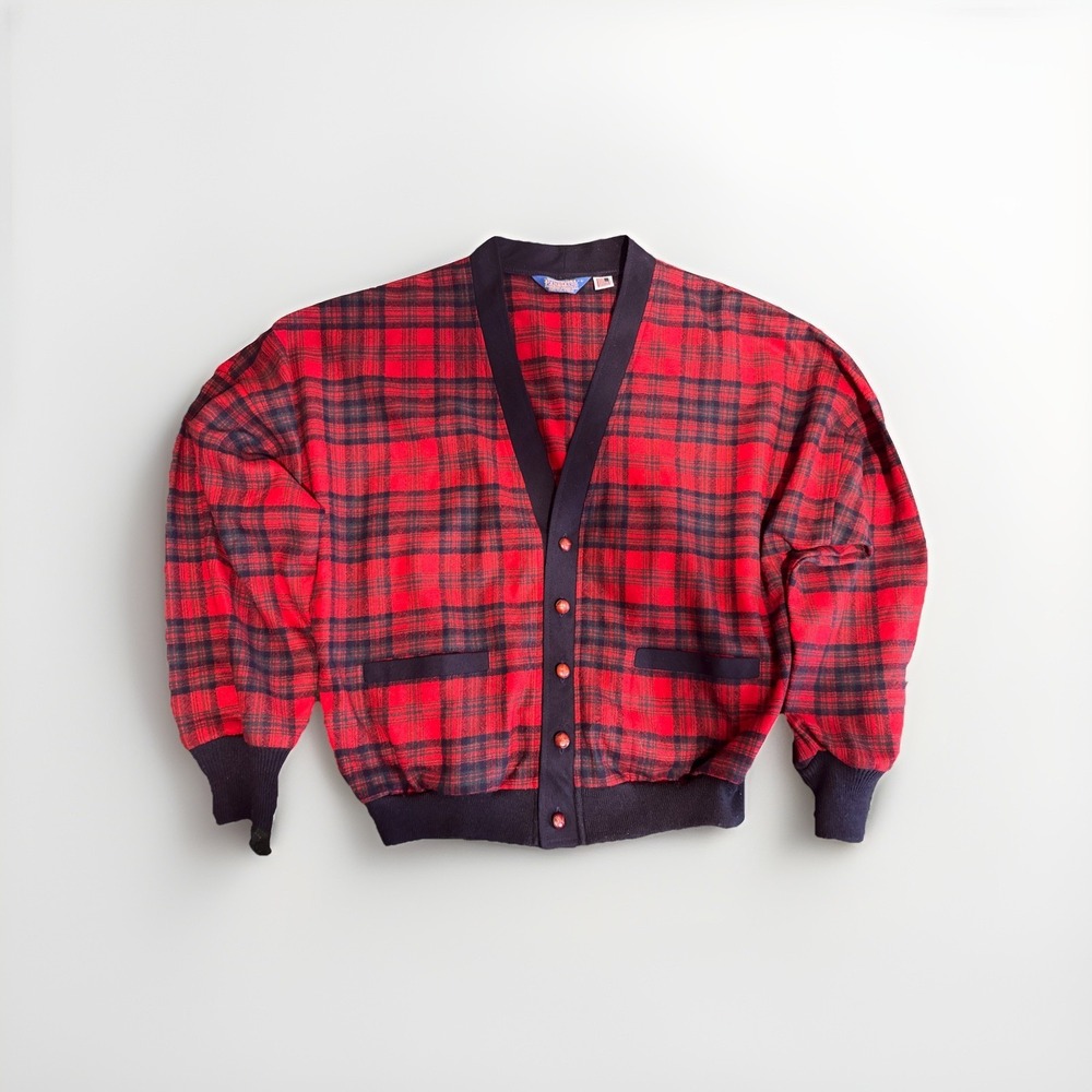 Men's Pendleton Cardigan Sweater Preppy Classic Large Red/Black 100% Wool